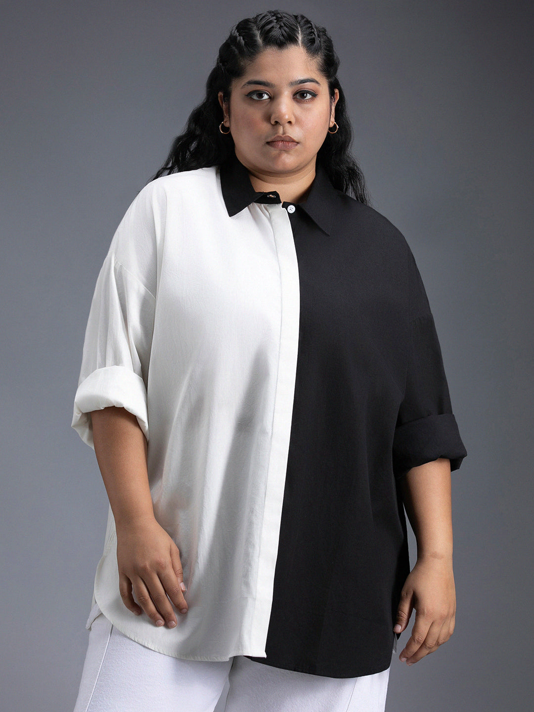 Plus Size Colourblocked Spread Collar Cotton Oversized Casual Shirt