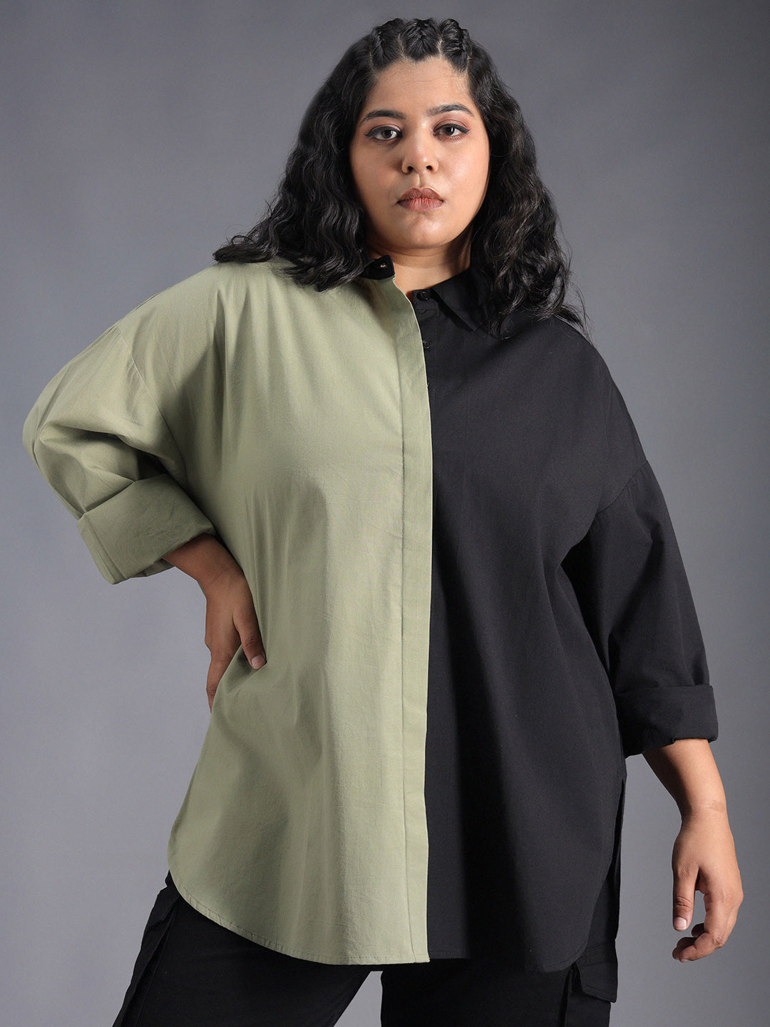 Plus Size Classic Colourblocked Spread Collar Cotton Oversized Casual Shirt