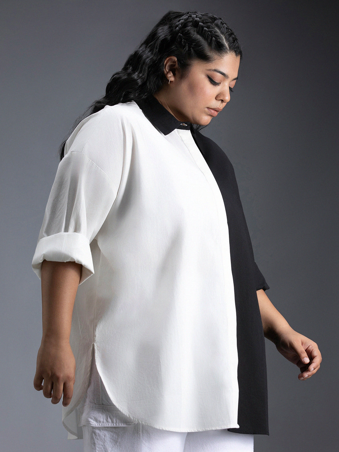 Plus Size Colourblocked Spread Collar Cotton Oversized Casual Shirt