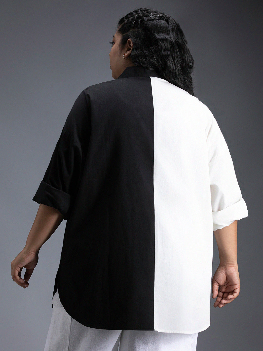 Plus Size Colourblocked Spread Collar Cotton Oversized Casual Shirt