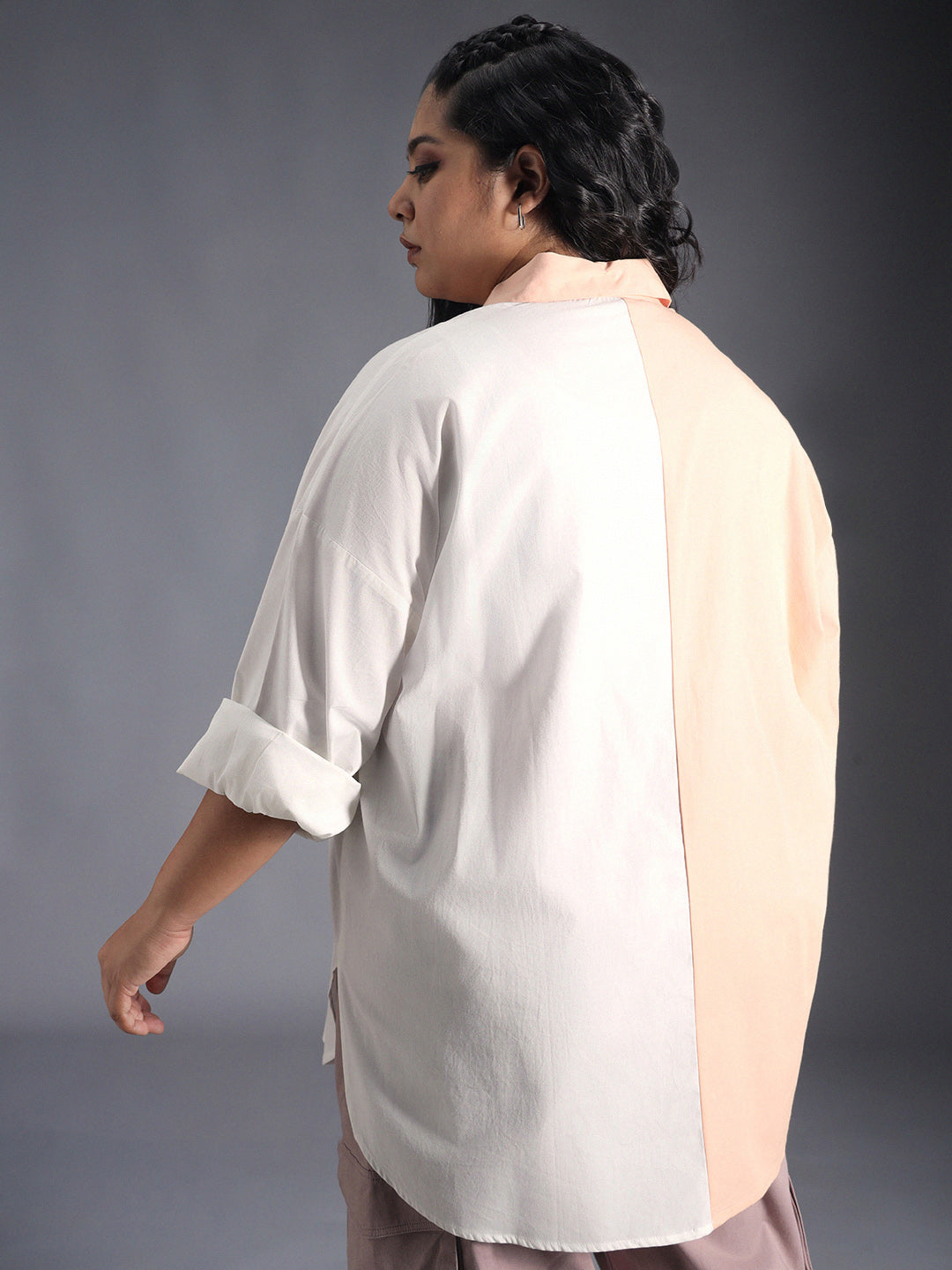 Plus Size Classic Colourblocked Spread Collar Cotton Oversized Casual Shirt