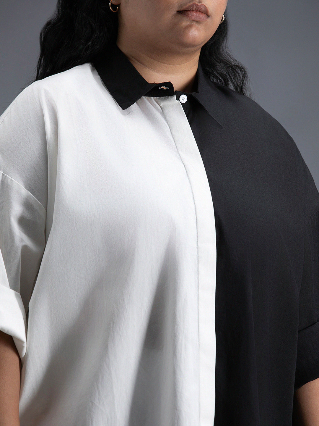 Plus Size Colourblocked Spread Collar Cotton Oversized Casual Shirt