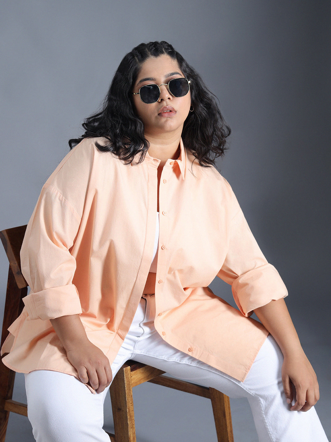 Plus Size Classic Spread Collar Curved Cotton Oversized Casual Shirt