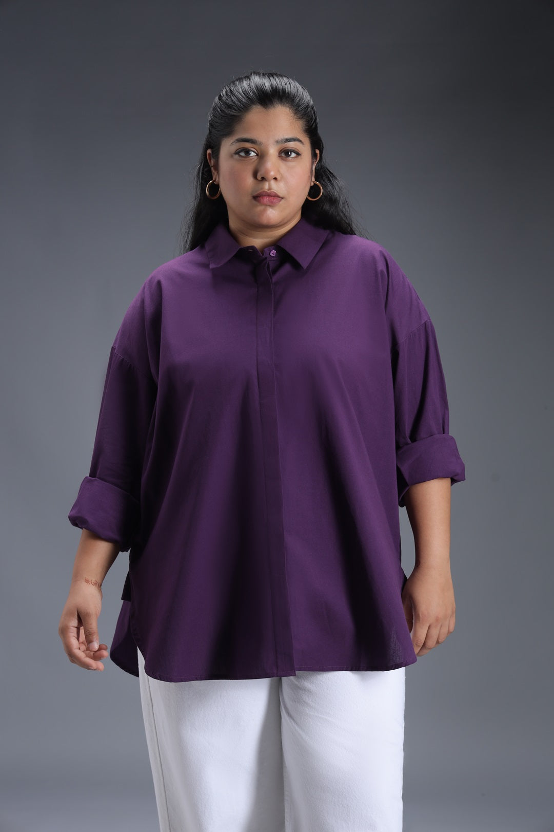 Plus Size Classic Spread Collar Curved Cotton Oversized Casual Shirt