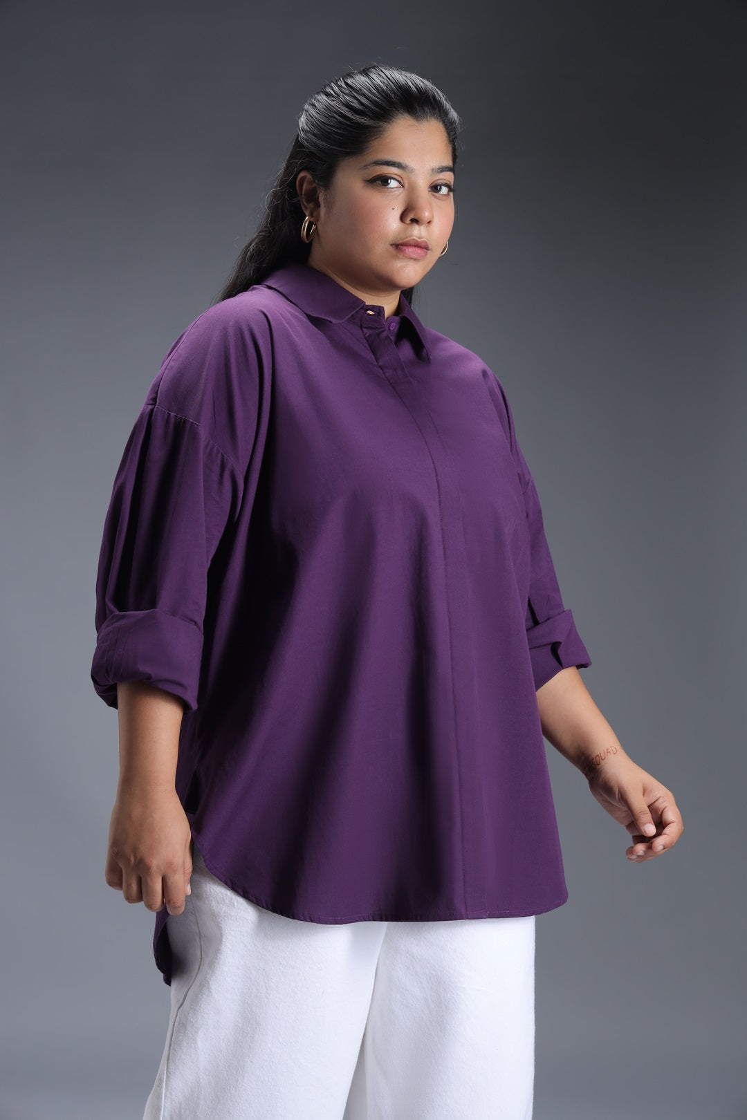 Plus Size Classic Spread Collar Curved Cotton Oversized Casual Shirt