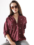 High Star Women Embroidered Oversized  Spread Collar Long Sleeves Shirts