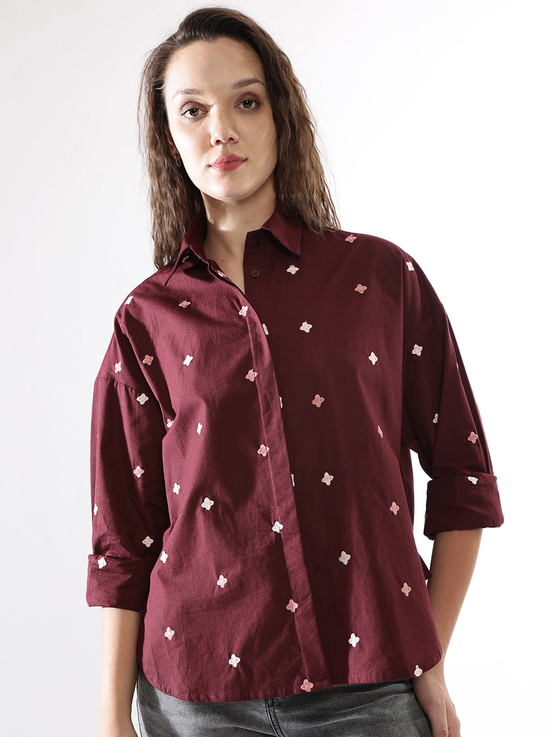 High Star Women Embroidered Oversized  Spread Collar Long Sleeves Shirts