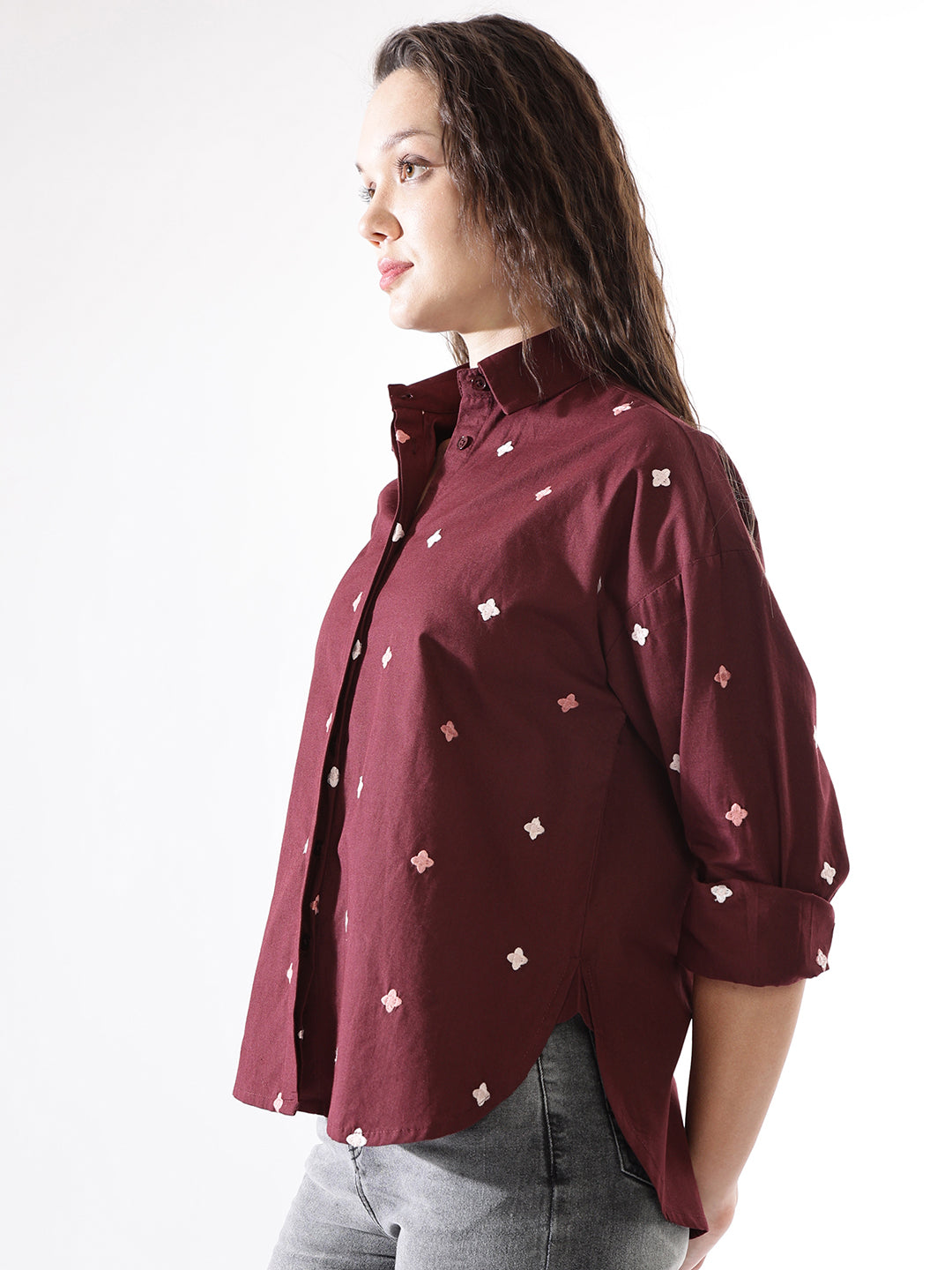 High Star Women Embroidered Oversized  Spread Collar Long Sleeves Shirts