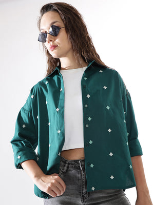 High Star Women Embroidered Oversized  Spread Collar Long Sleeves Casual Shirts