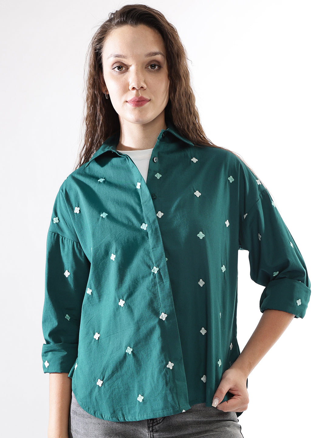 High Star Women Embroidered Oversized  Spread Collar Long Sleeves Casual Shirts