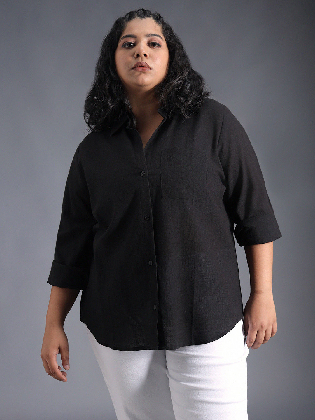 Plus Size Classic Spread Collar Curved Cotton Oversized Casual Shirt