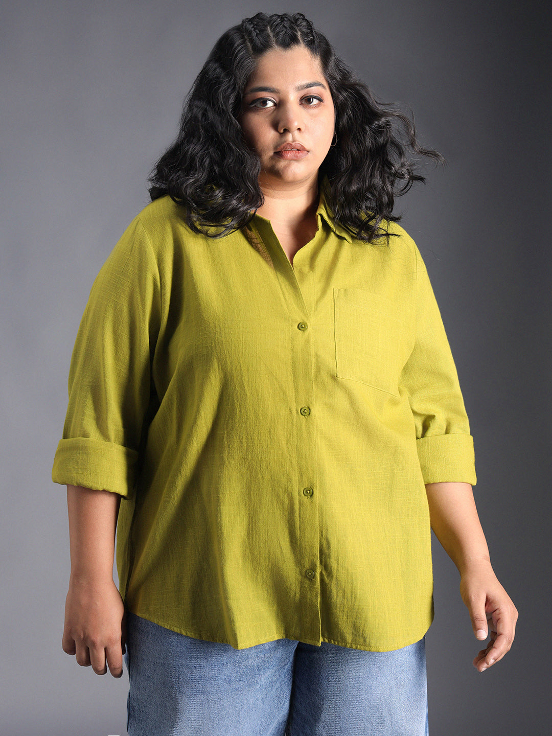 Plus Size Classic Spread Collar Curved Cotton Oversized Casual Shirt