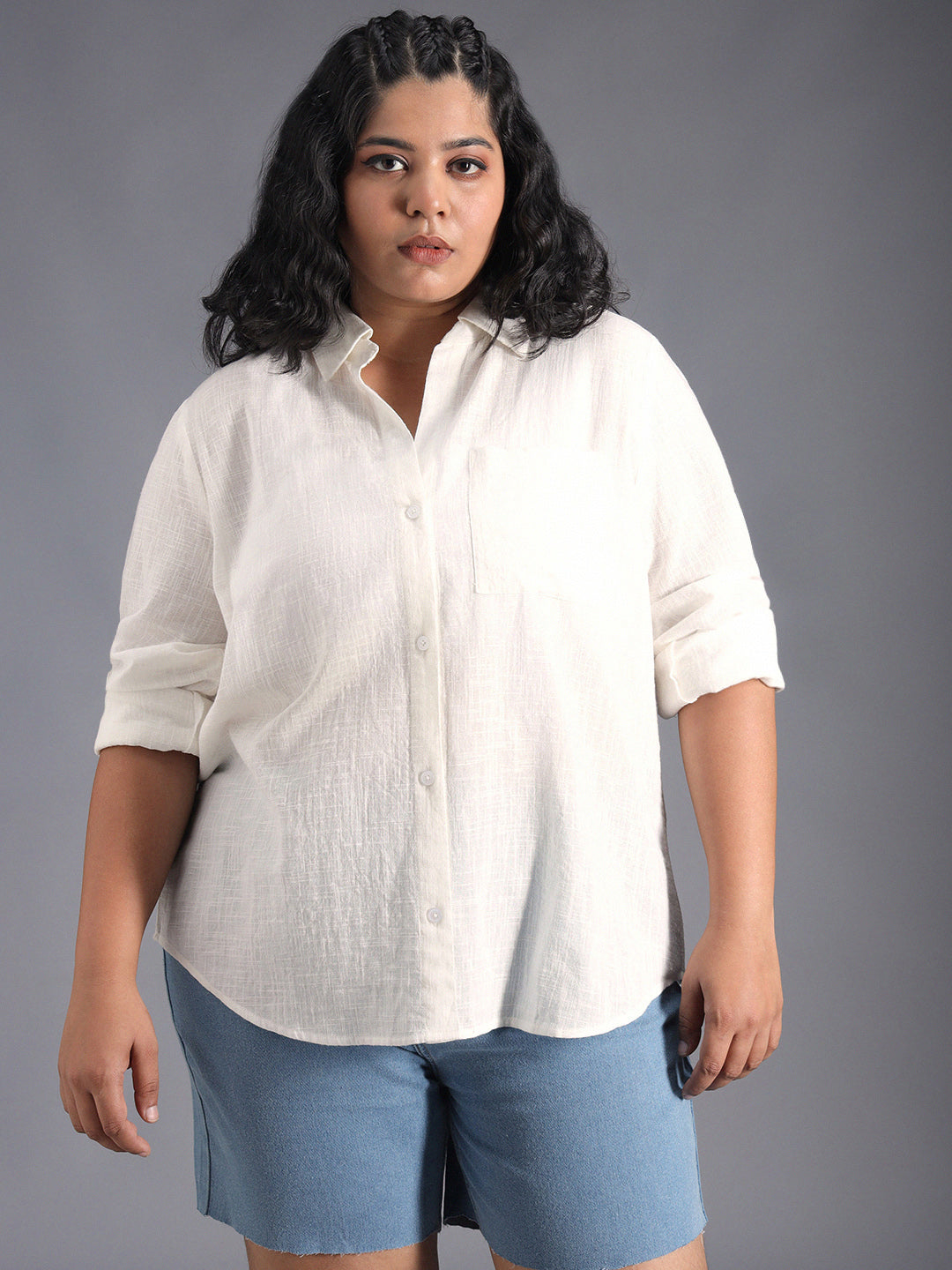 Plus Size Classic Spread Collar Curved Cotton Oversized Casual Shirt