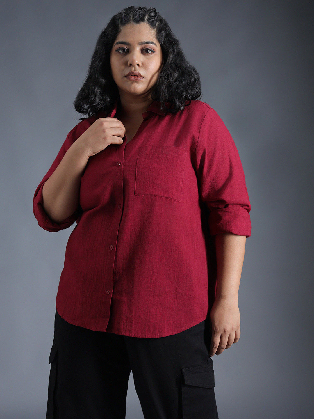 Plus Size Classic Spread Collar Curved Cotton Oversized Casual Shirt