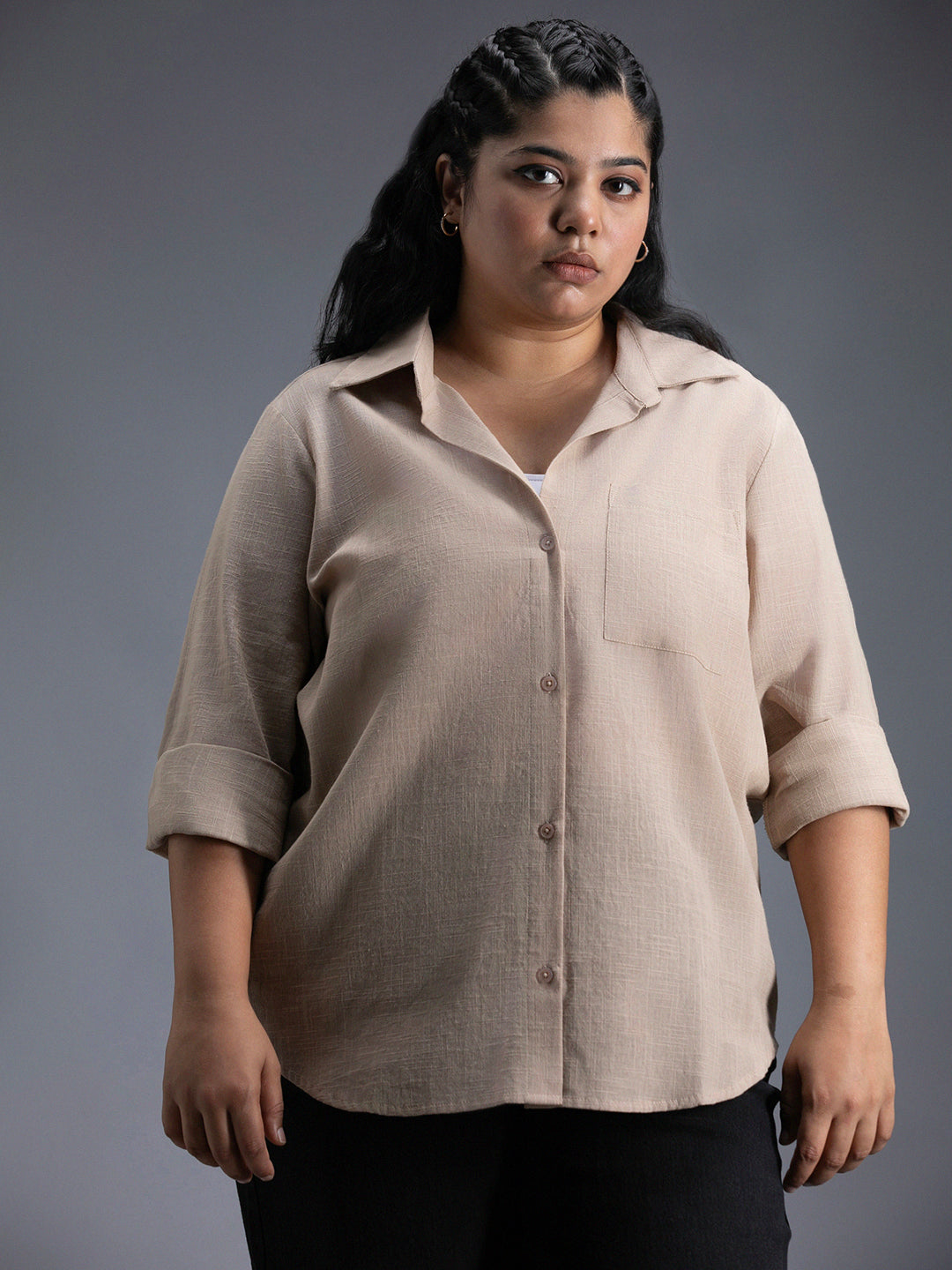 Plus Size Classic Spread Collar Curved Cotton Oversized Casual Shirt