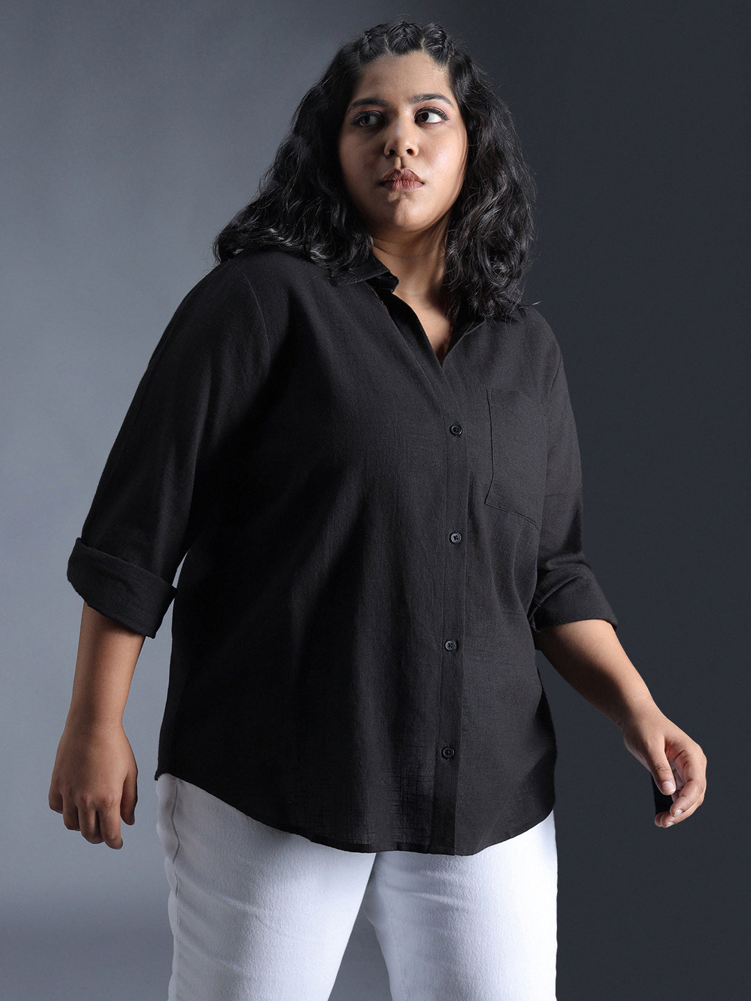 Plus Size Classic Spread Collar Curved Cotton Oversized Casual Shirt