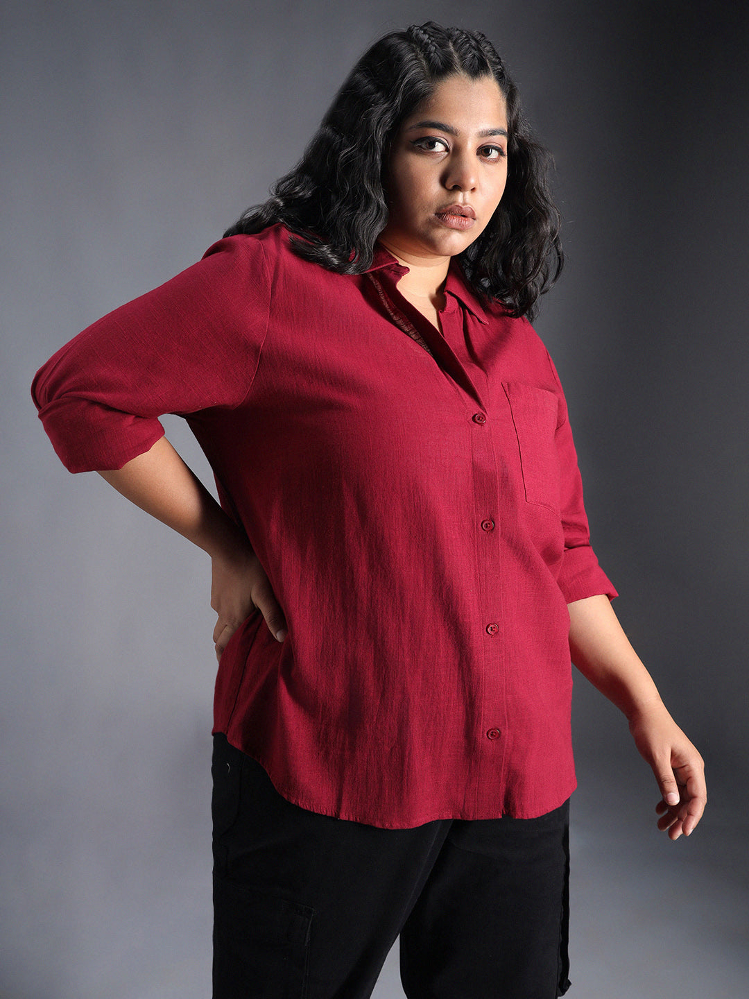 Plus Size Classic Spread Collar Curved Cotton Oversized Casual Shirt