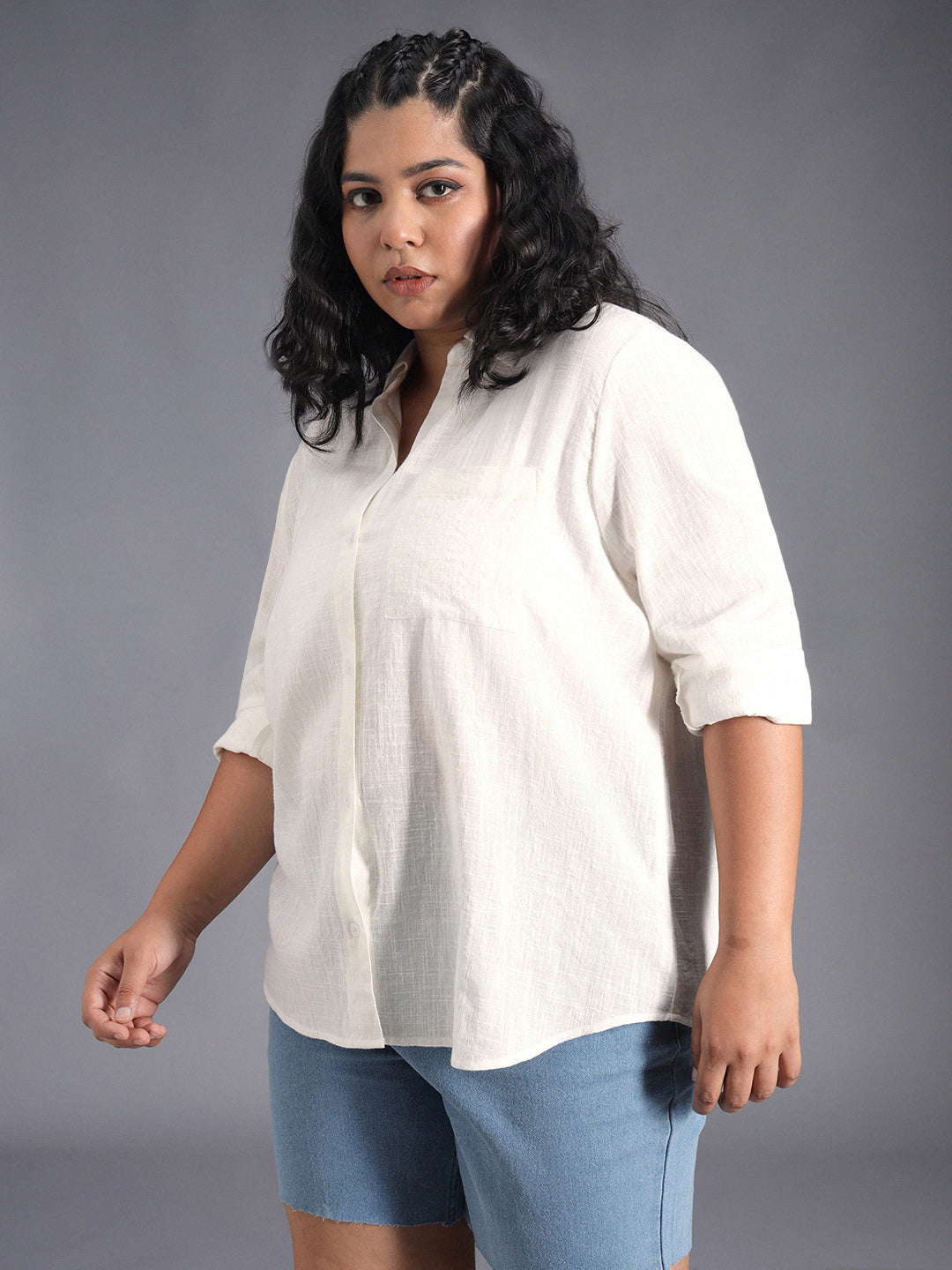 Plus Size Classic Spread Collar Curved Cotton Oversized Casual Shirt