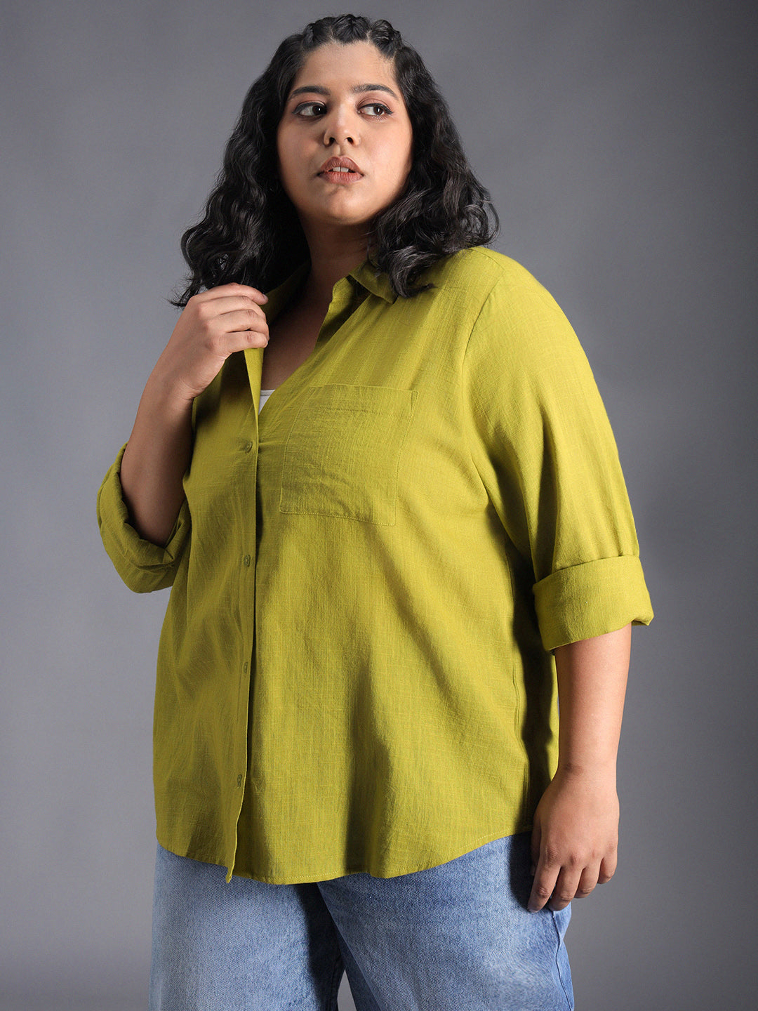 Plus Size Classic Spread Collar Curved Cotton Oversized Casual Shirt