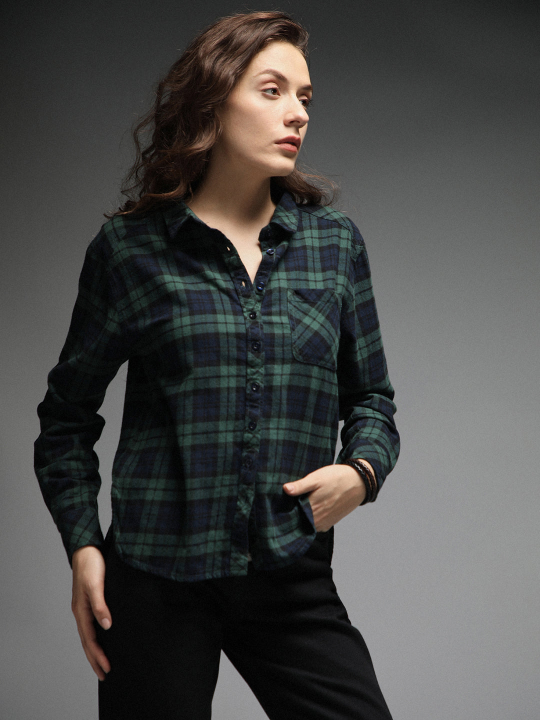 Standard Tartan Checks Spread Collar Long Sleeves Cotton Casual Shirt