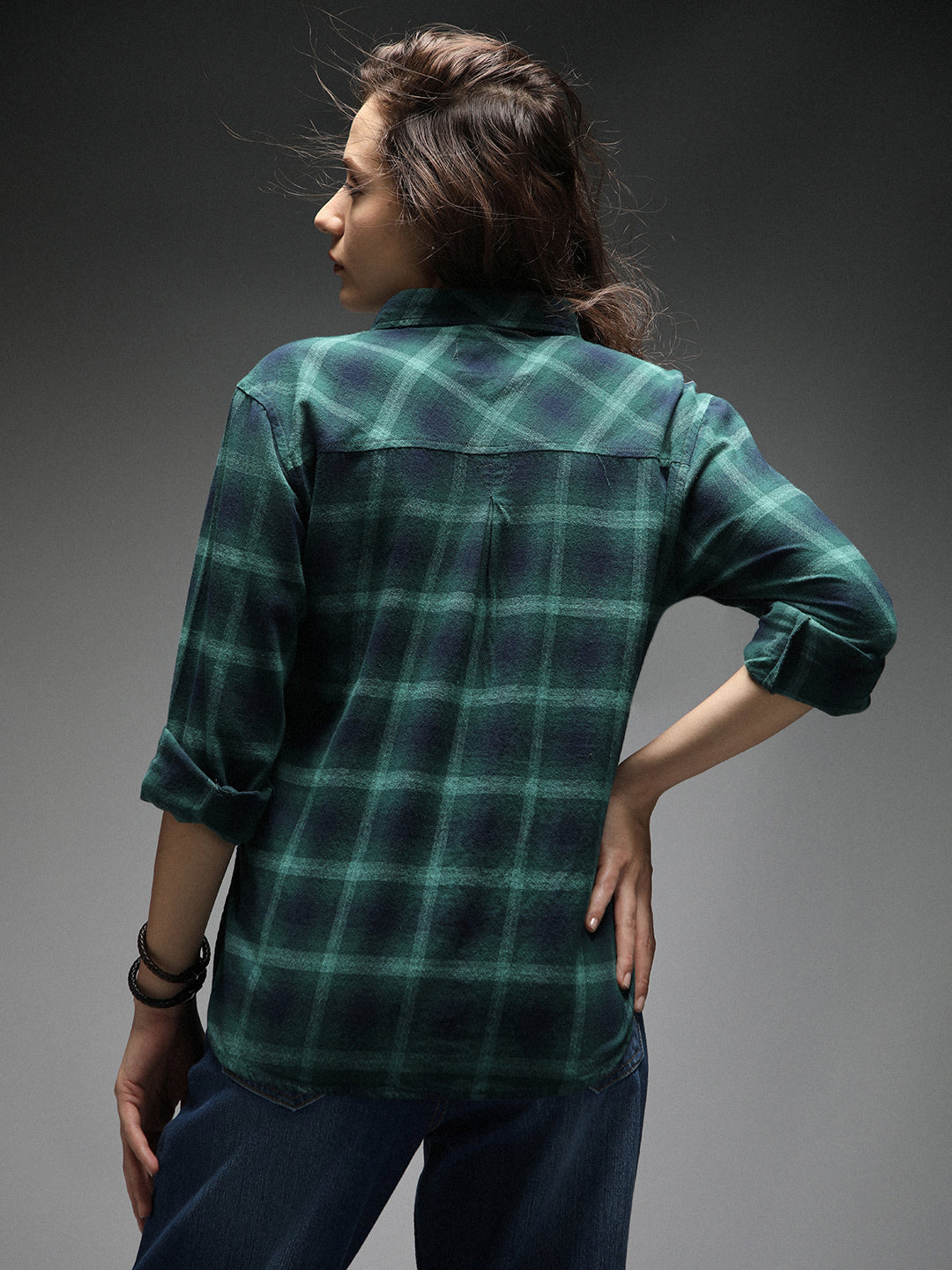 Standard Tartan Checks Spread Collar Long Sleeves Cotton Casual Shirt