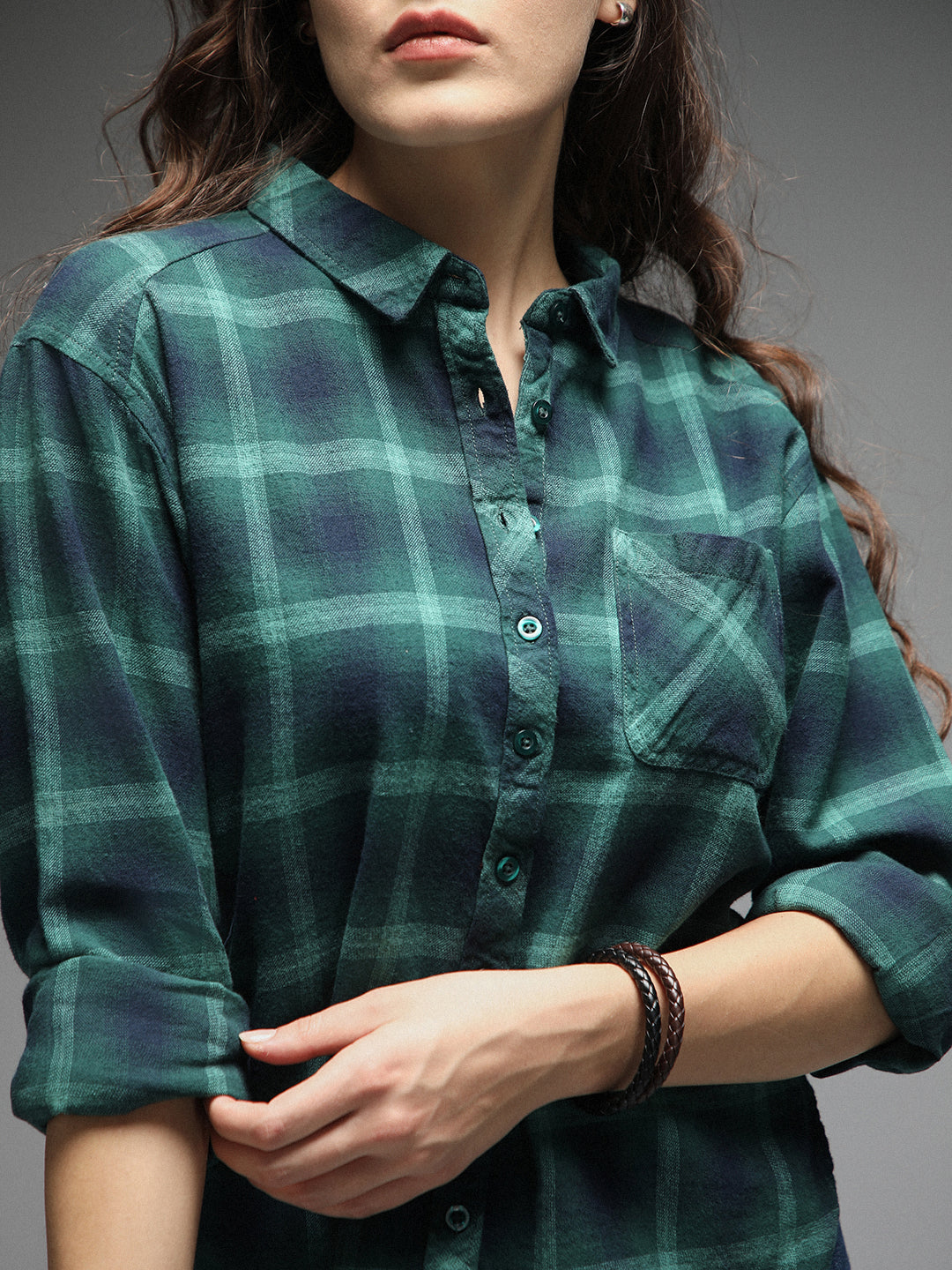 Standard Tartan Checks Spread Collar Long Sleeves Cotton Casual Shirt