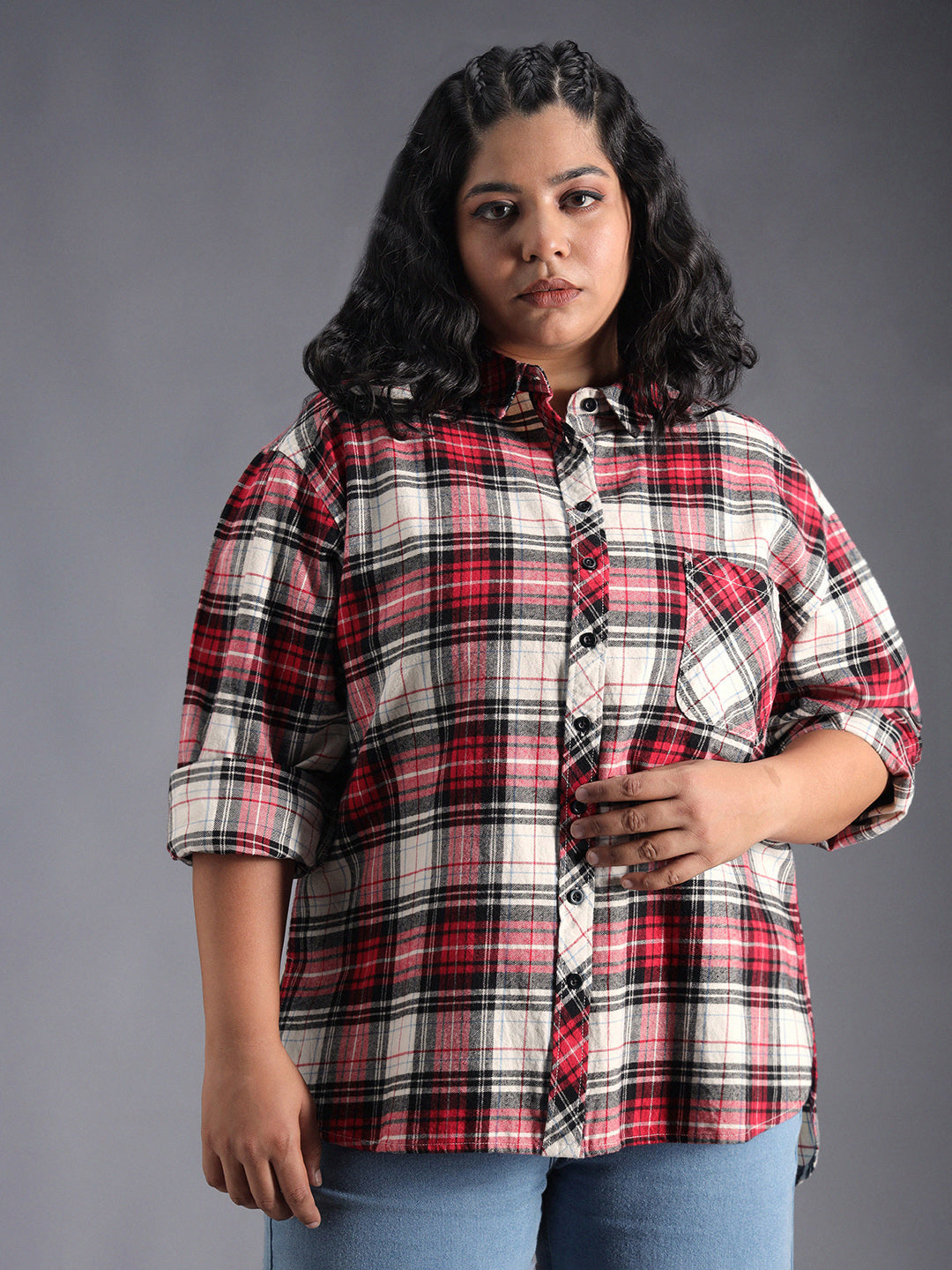 Plus Size Classic Checked Spread Collar Curved Cotton Oversized Casual Shirt