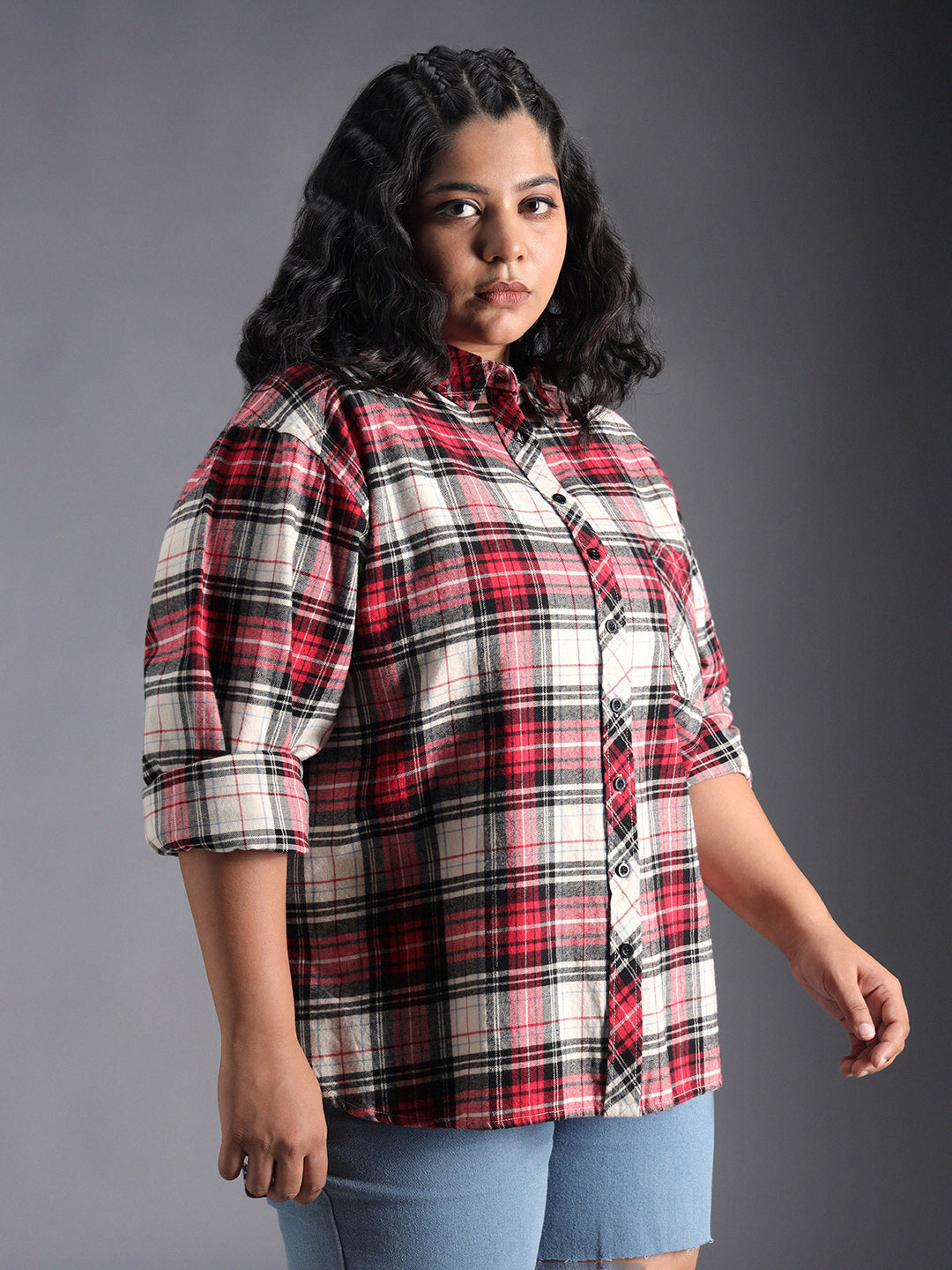 Plus Size Classic Checked Spread Collar Curved Cotton Oversized Casual Shirt