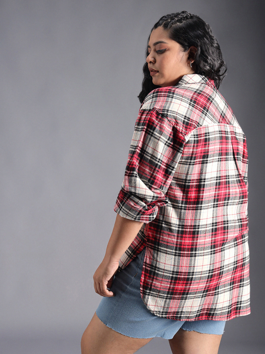 Plus Size Classic Checked Spread Collar Curved Cotton Oversized Casual Shirt