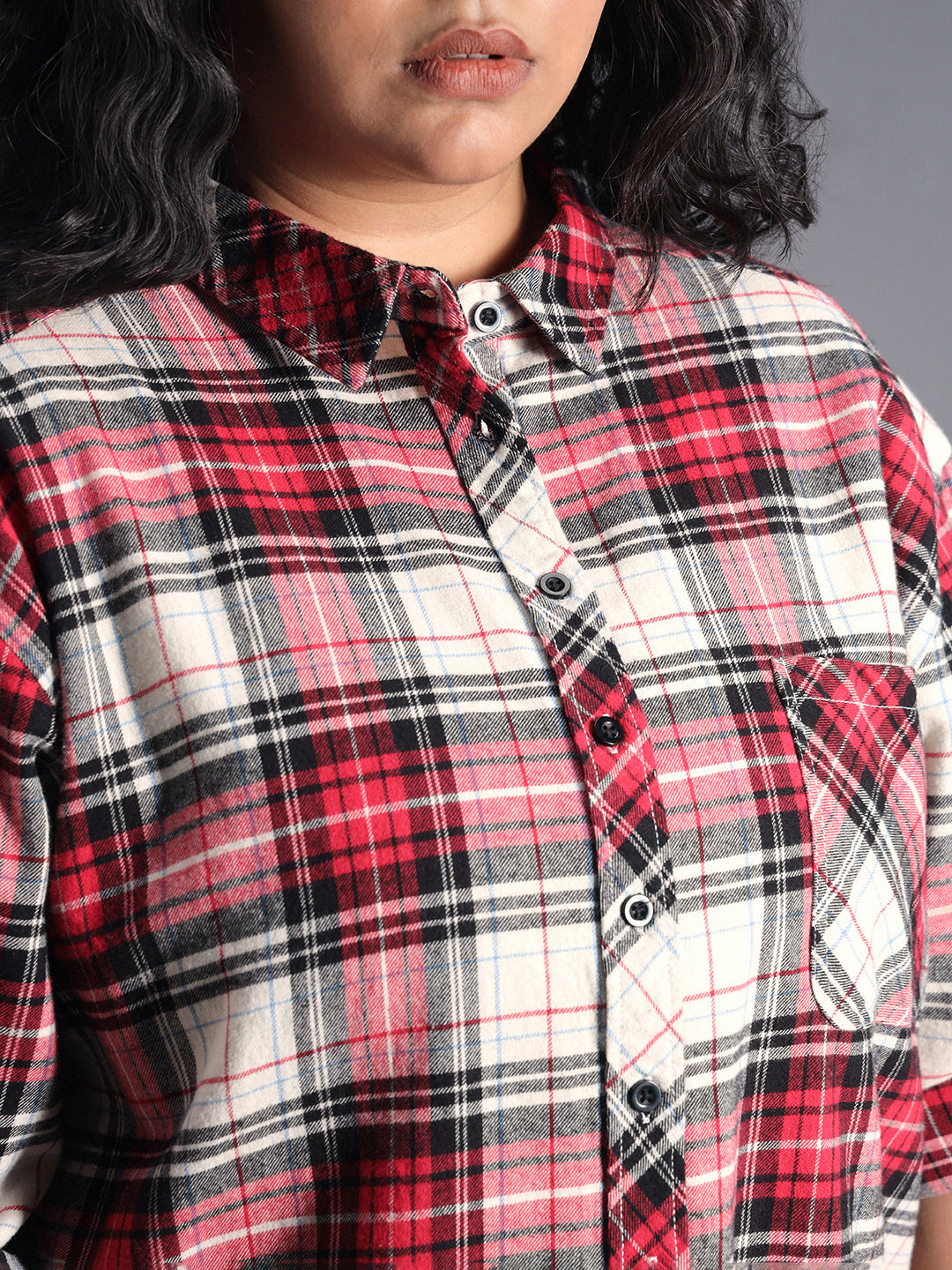 Plus Size Classic Checked Spread Collar Curved Cotton Oversized Casual Shirt