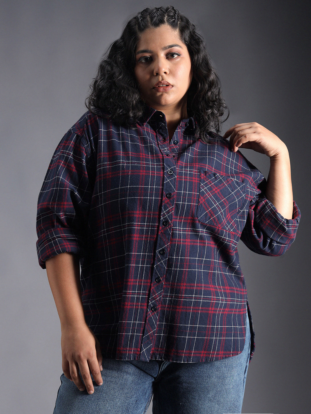 Plus Size Classic Checked Spread Collar Curved Cotton Oversized Casual Shirt