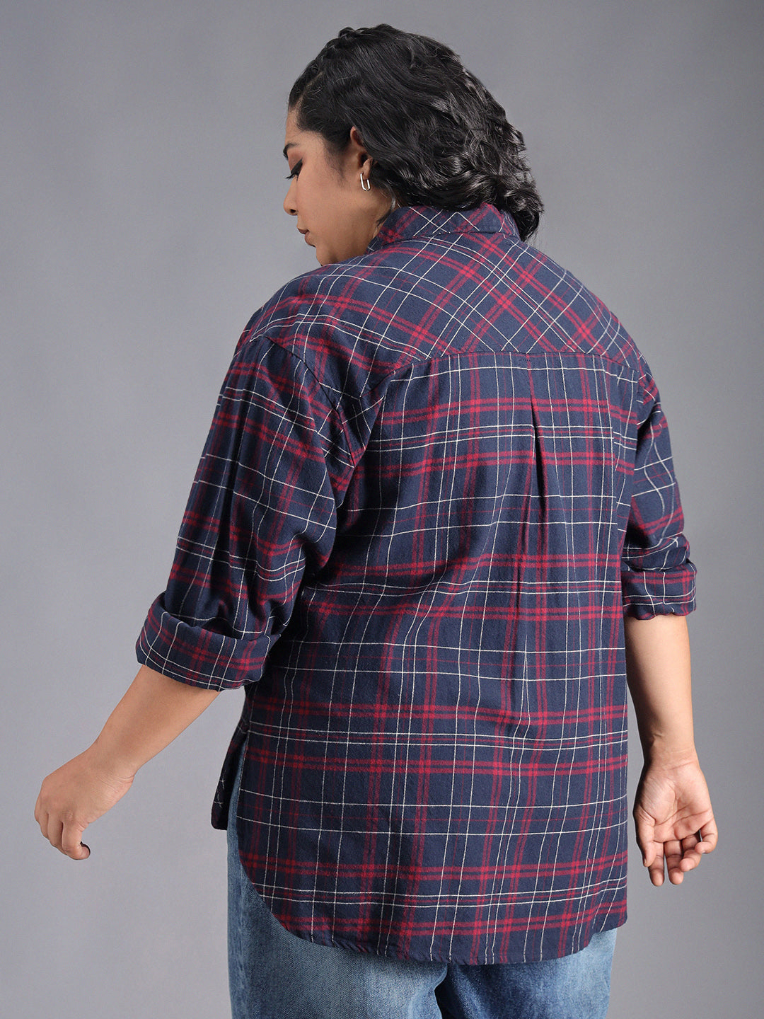 Plus Size Classic Checked Spread Collar Curved Cotton Oversized Casual Shirt