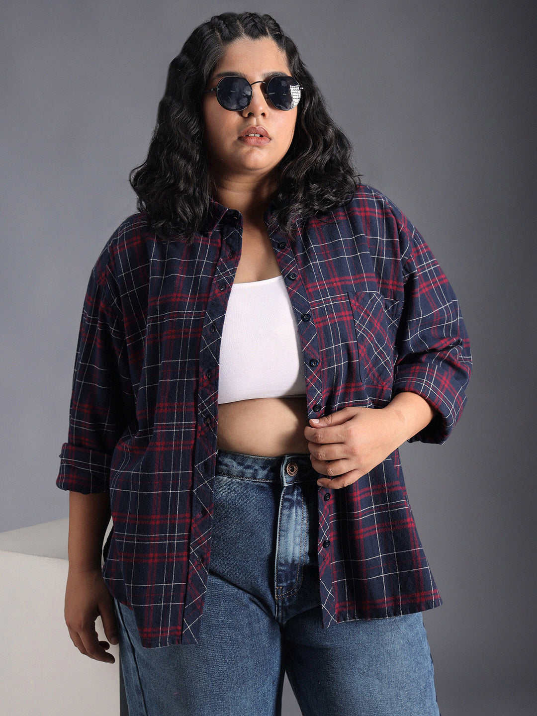 Plus Size Classic Checked Spread Collar Curved Cotton Oversized Casual Shirt