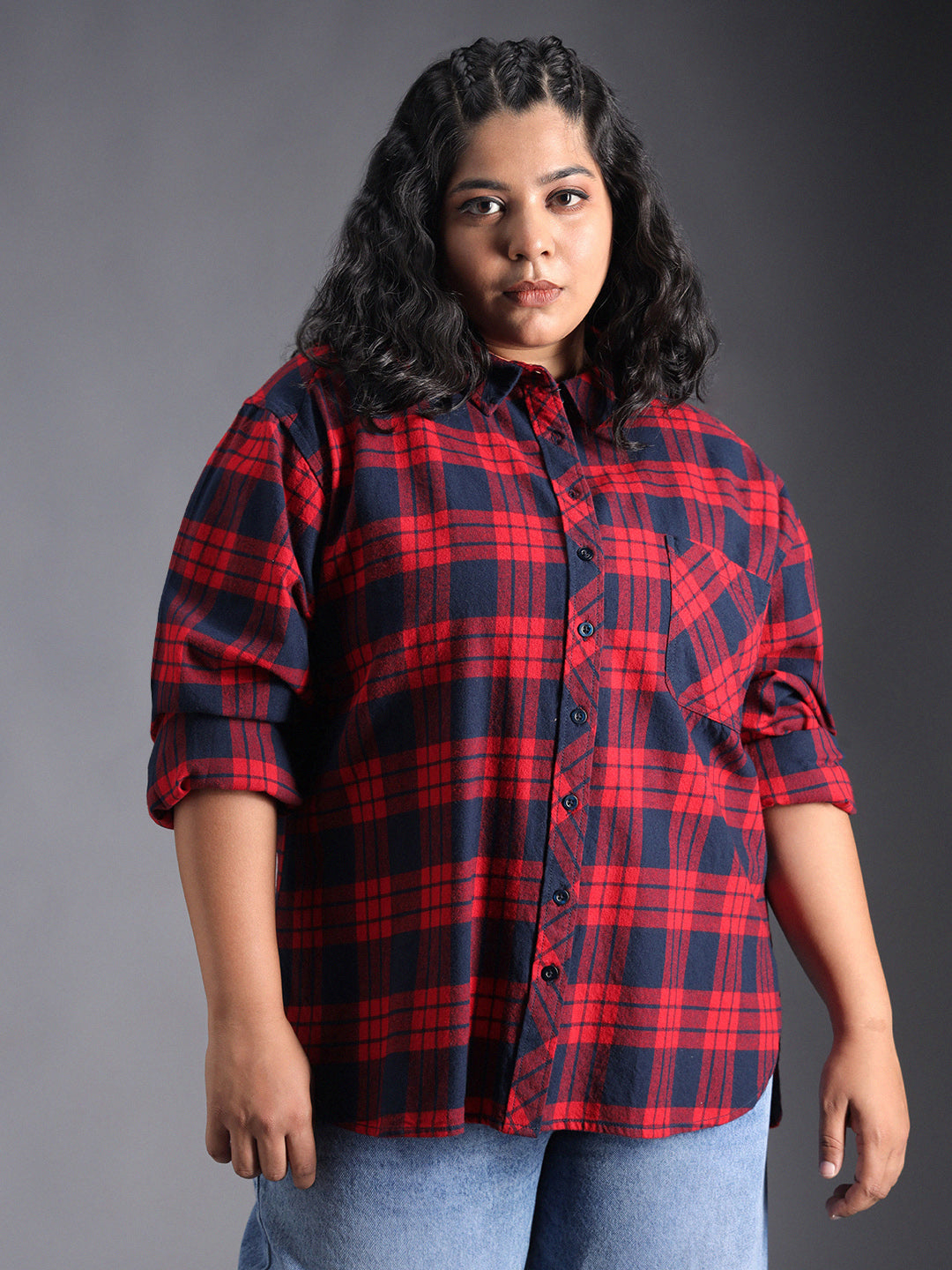 Plus Size Classic Checked Spread Collar Curved Cotton Oversized Casual Shirt