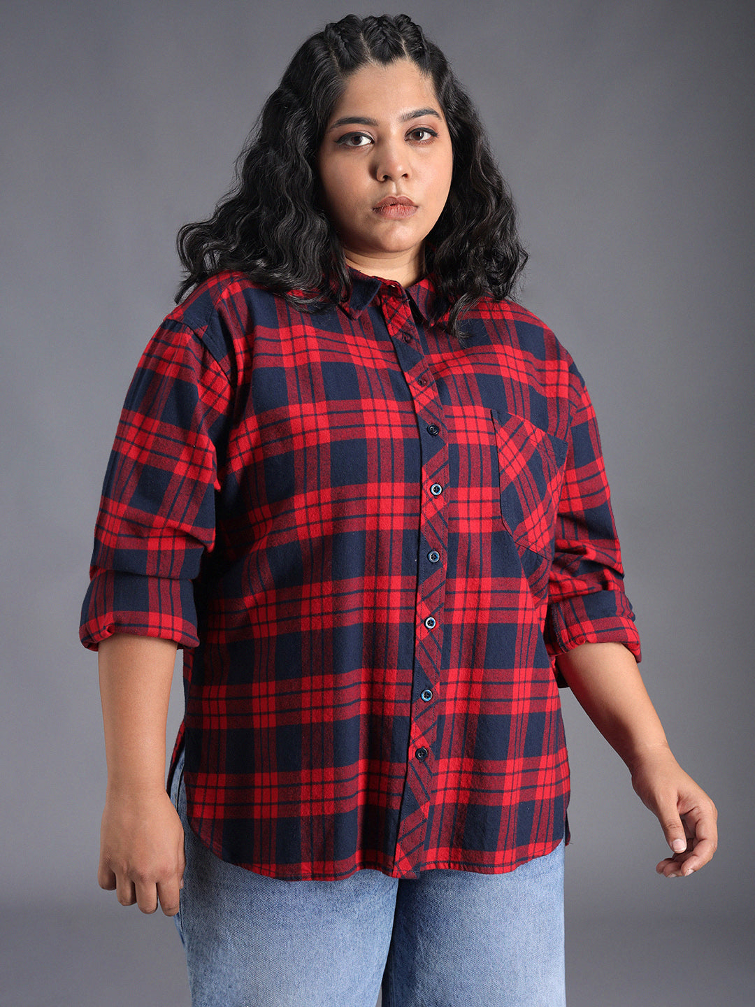 Plus Size Classic Checked Spread Collar Curved Cotton Oversized Casual Shirt