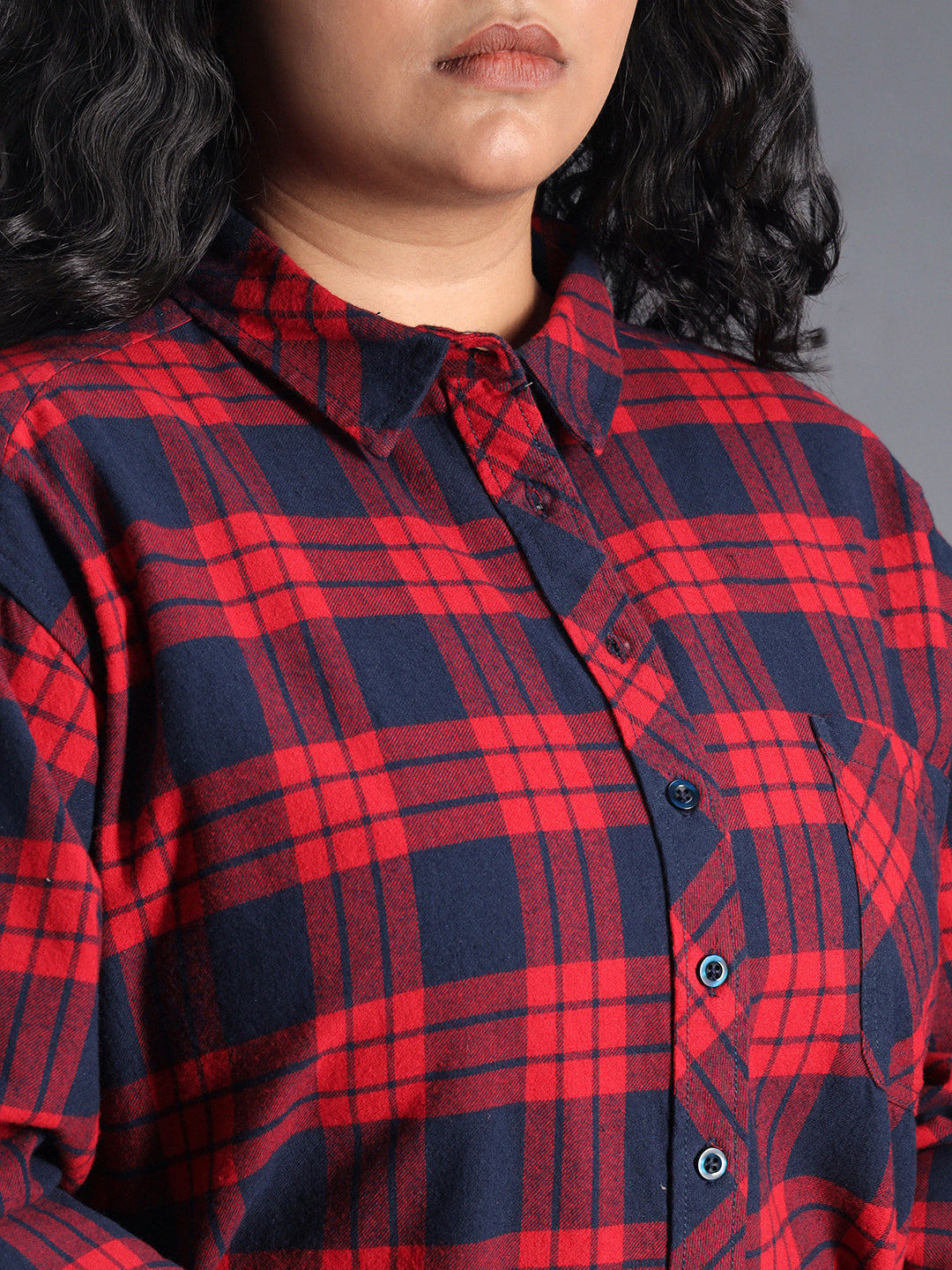 Plus Size Classic Checked Spread Collar Curved Cotton Oversized Casual Shirt