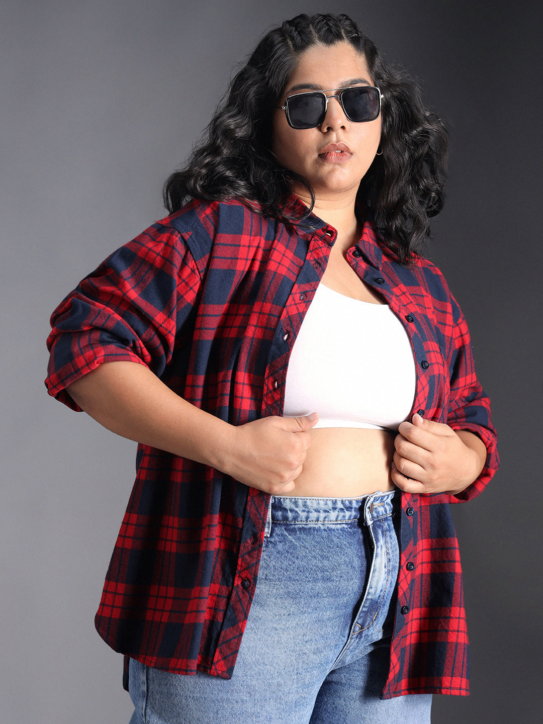 Plus Size Classic Checked Spread Collar Curved Cotton Oversized Casual Shirt