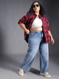 Plus Size Classic Checked Spread Collar Curved Cotton Oversized Casual Shirt