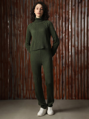 Women Knitted Acrylic Regular Fit High- Rise Turtle neck Long Sleeve Co-Ord