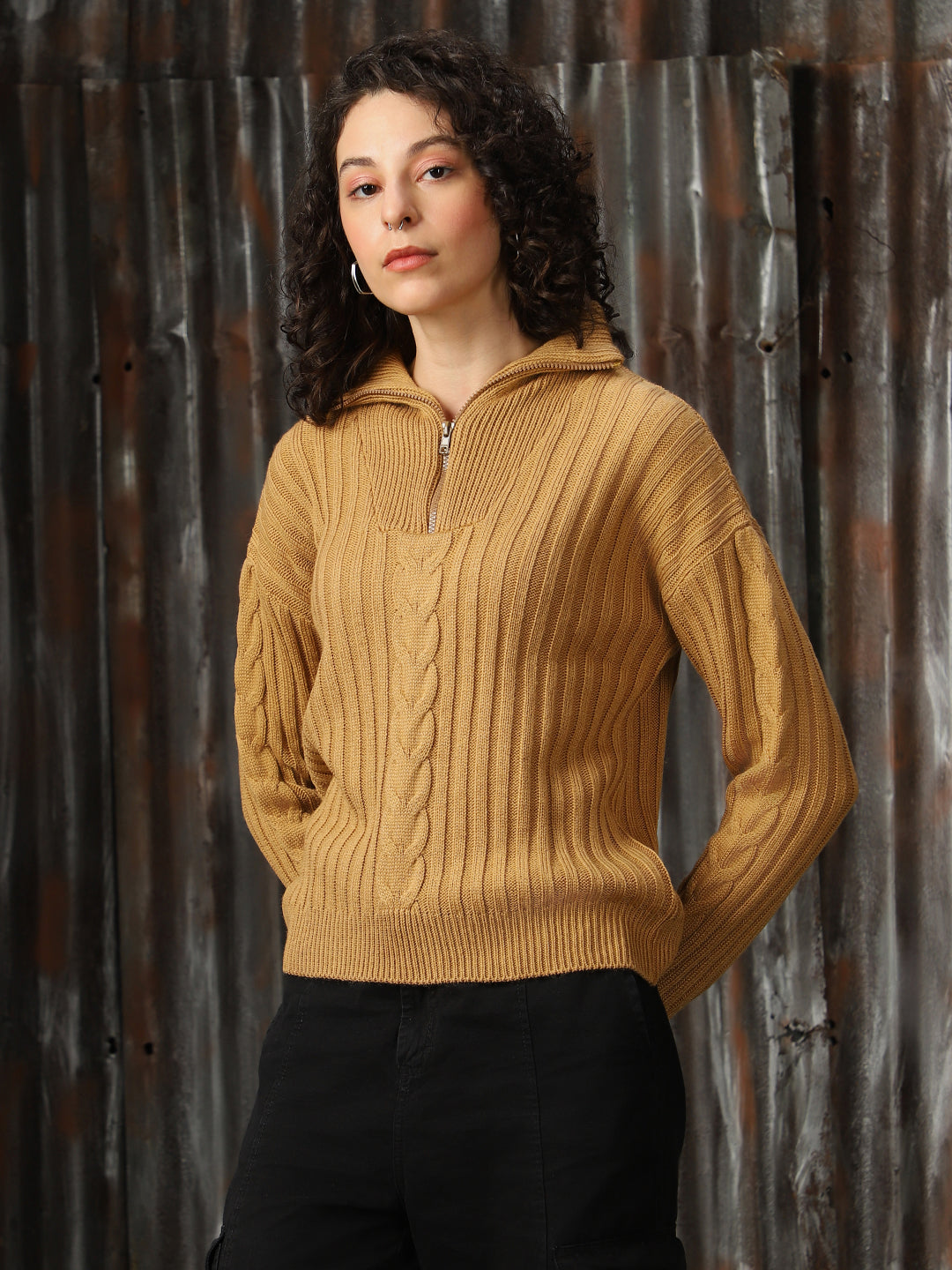 High Star Women Pullover with Zip Detail Cabel Knit