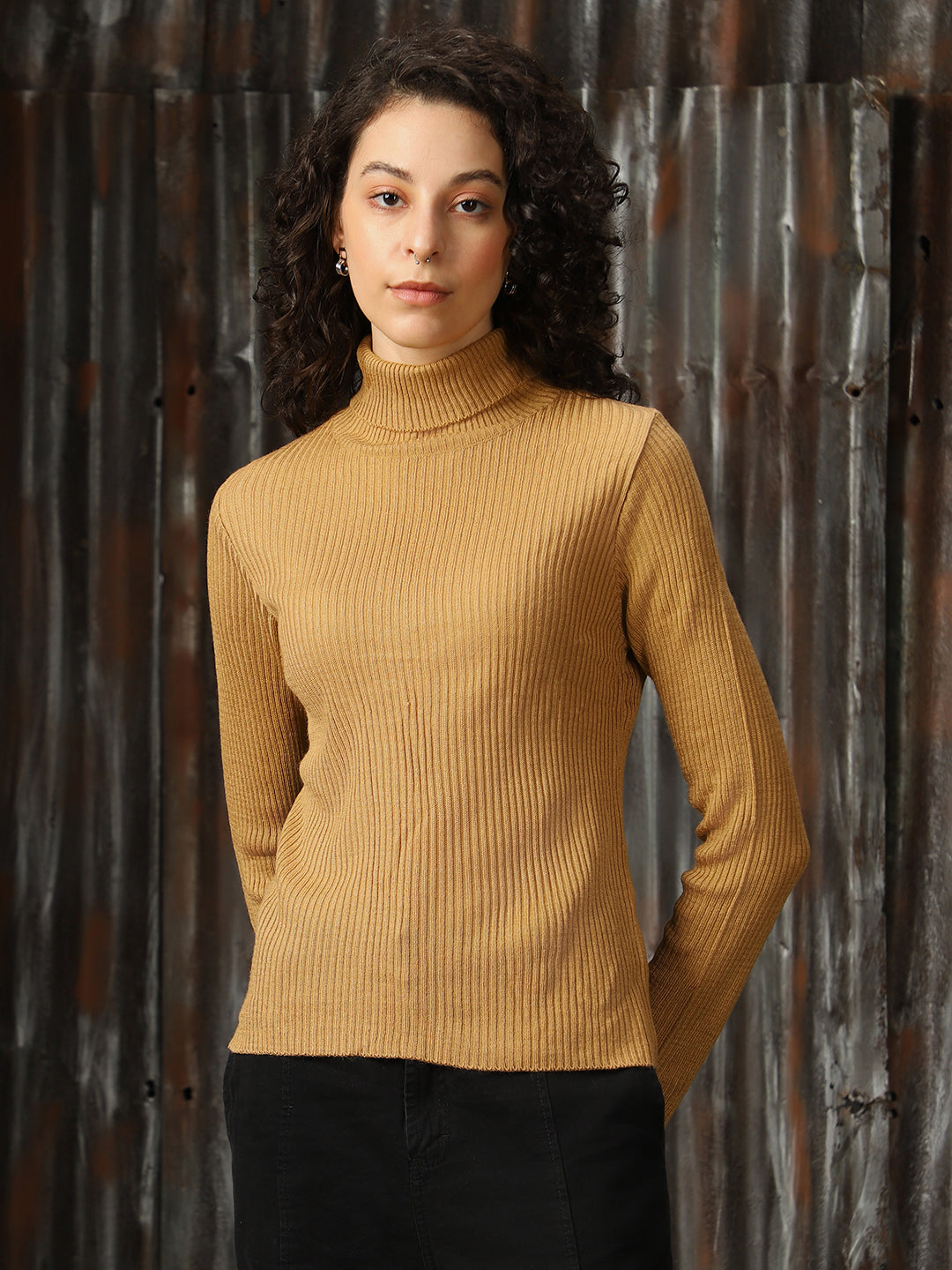 High Star Women Turtle Neck Solid Ribbed Pullover