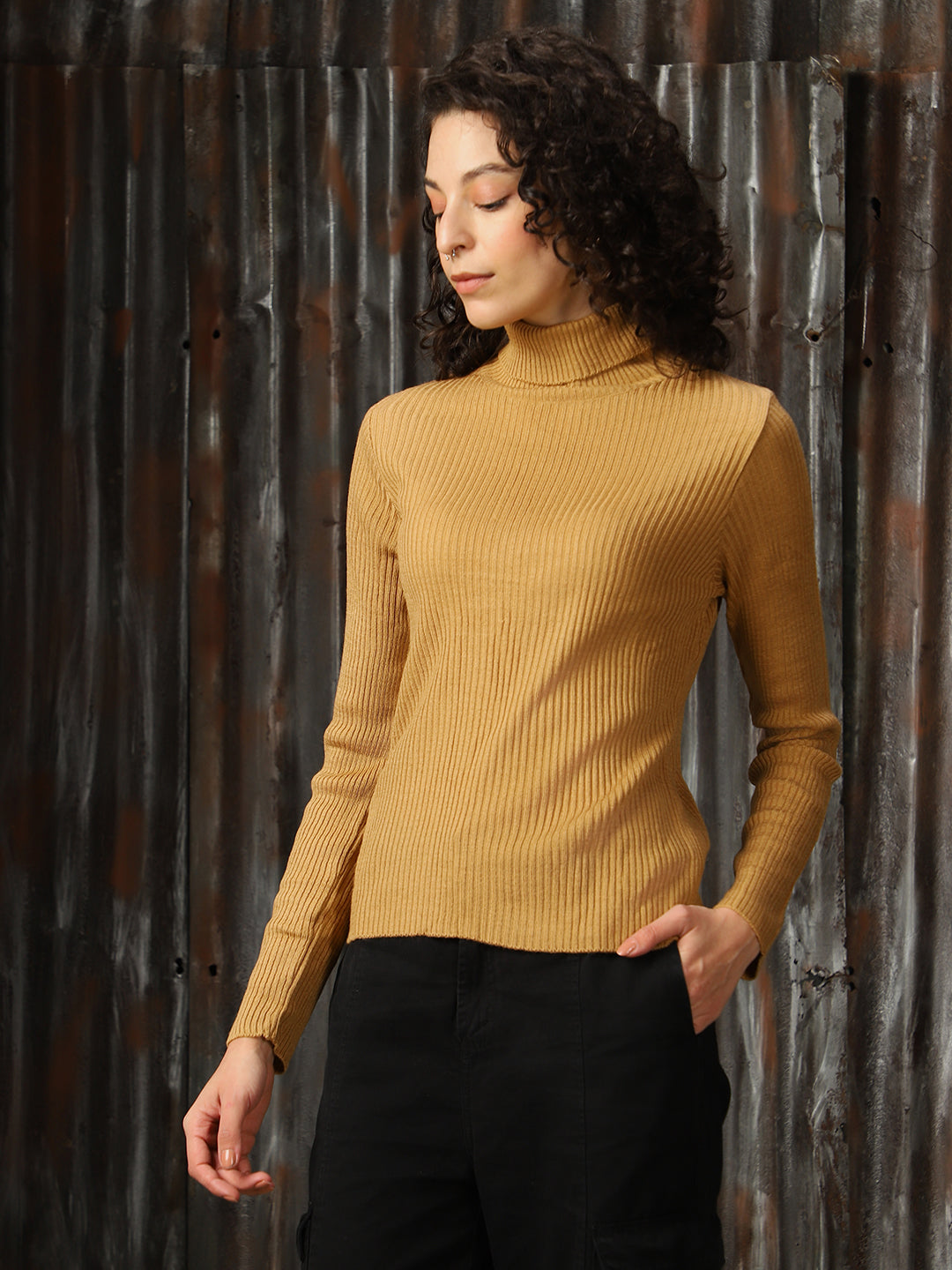 High Star Women Turtle Neck Solid Ribbed Pullover