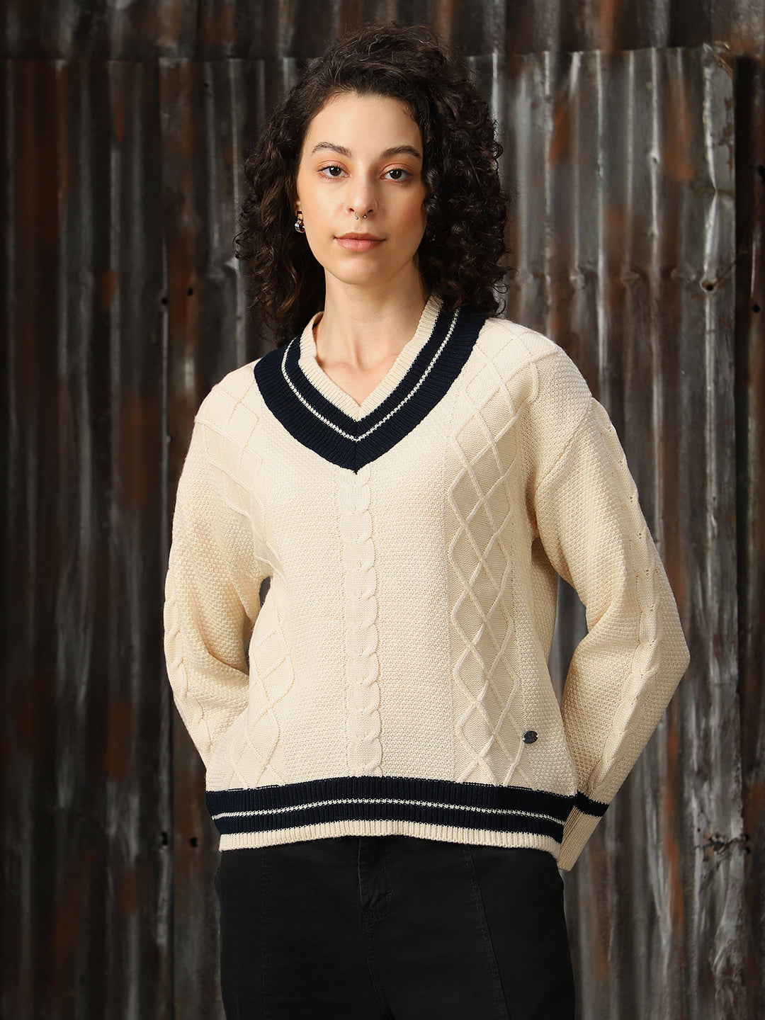 High Star Women V Neck Varsity Cable Knit Pullover