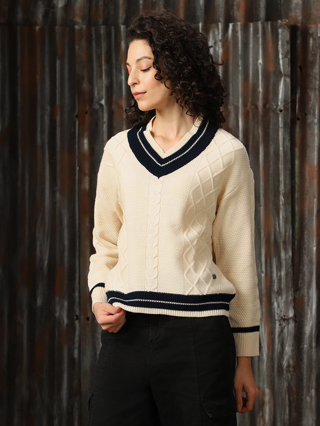 High Star Women V Neck Varsity Cable Knit Pullover