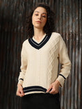 High Star Women V Neck Varsity Cable Knit Pullover