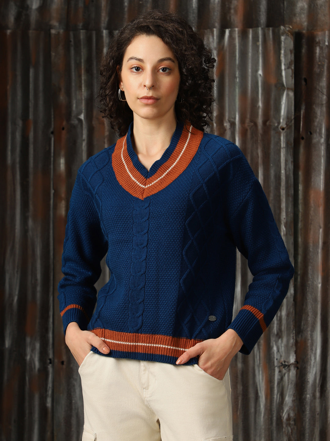 High Star Women V Neck Varsity Cable Knit Pullover