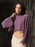 High Star Women Cabel Knit Crop Oversized Fit Loose Sleeve Turtle Neck Pullover