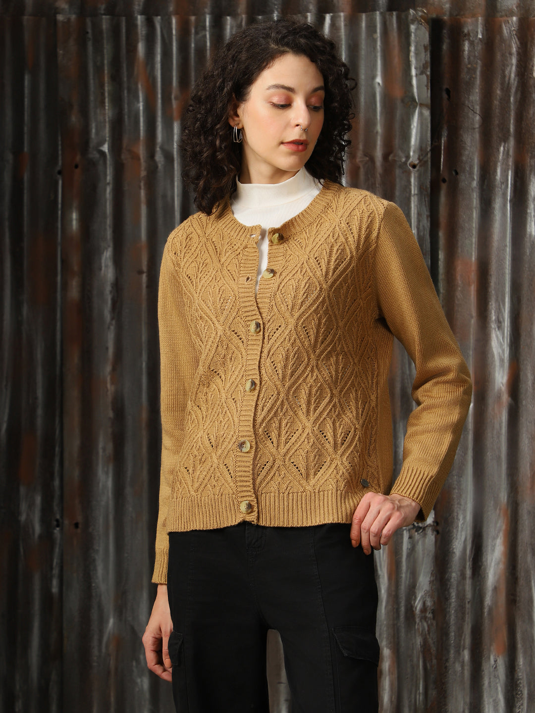 High Star Women Cable Knit Regular Fit Cardigan