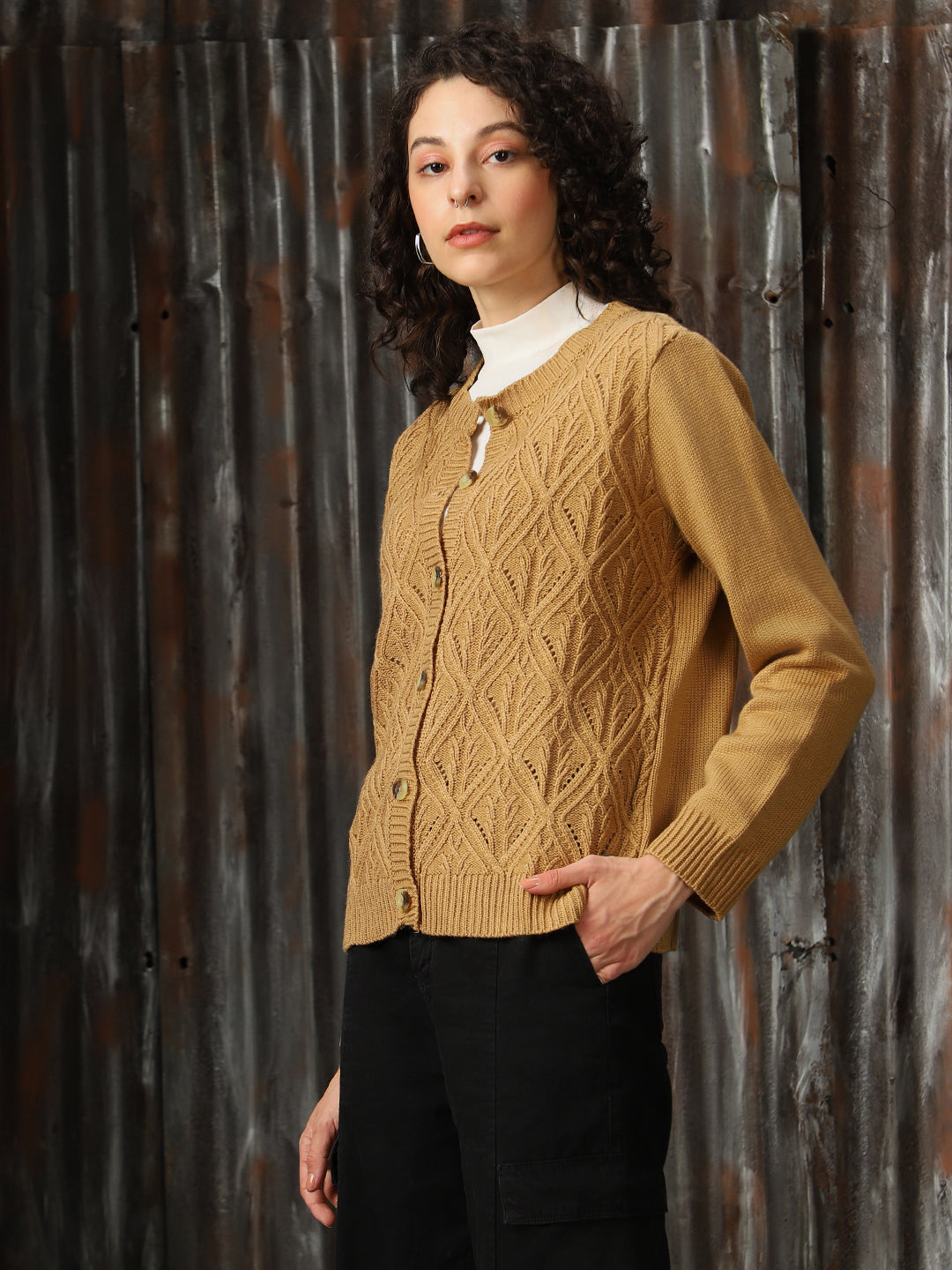 High Star Women Cable Knit Regular Fit Cardigan