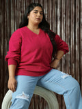 High Star Plus Size Women Cable Knit V-neck Cuffed Sleeves Pullover Sweaters